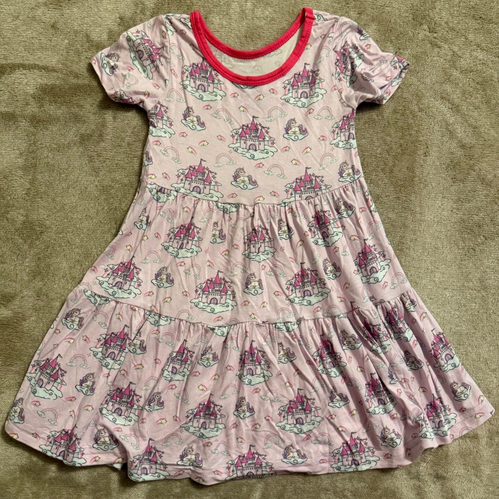 Bundle of Joy Girls Pink Bamboo Viscose Castle Unicorn Tiered Dress 2T